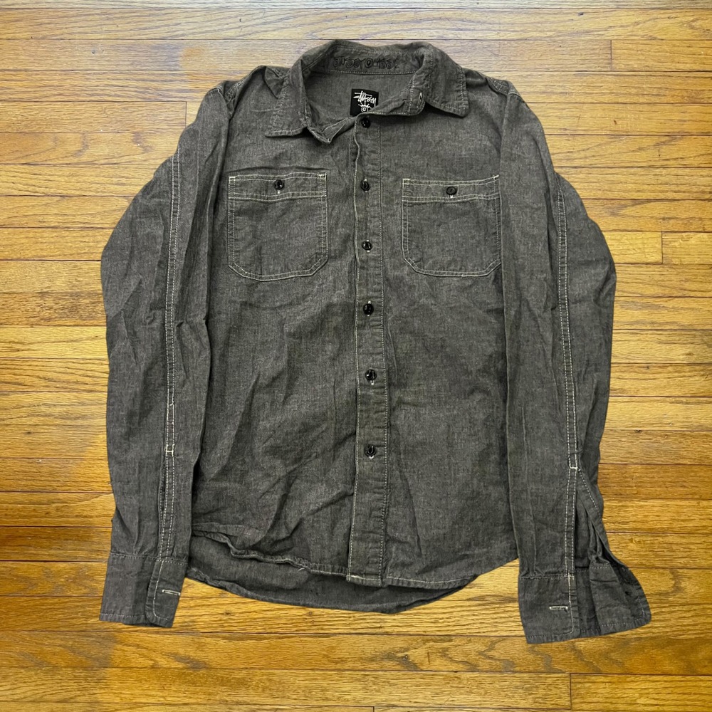 Stussy Classic Mens Grey Chambray Button Down Shirt Contrast Stitch Workwear M